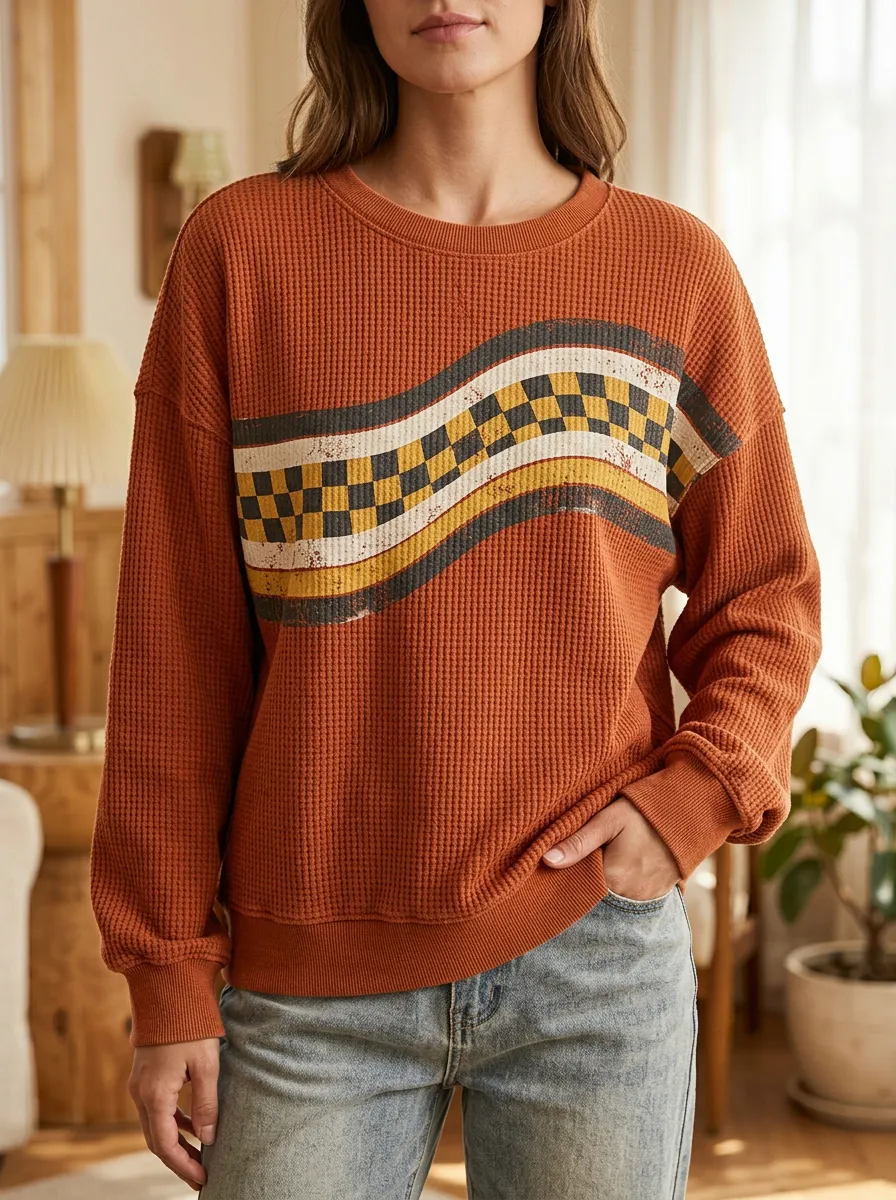 Women's Retro Wavy Checkered Pattern Waffle Knit Crewneck Sweatshirt