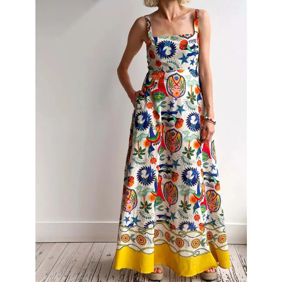 Relaxed Printed Square Neck Maxi Dress