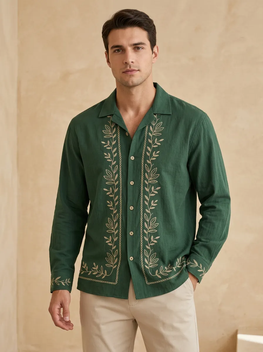 Men's Expressive Botanical Embroidered Shirt