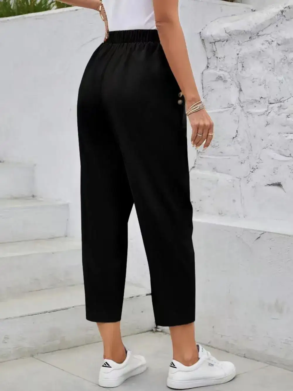 High Waist Elastic Waist Pocketed Casual Pants