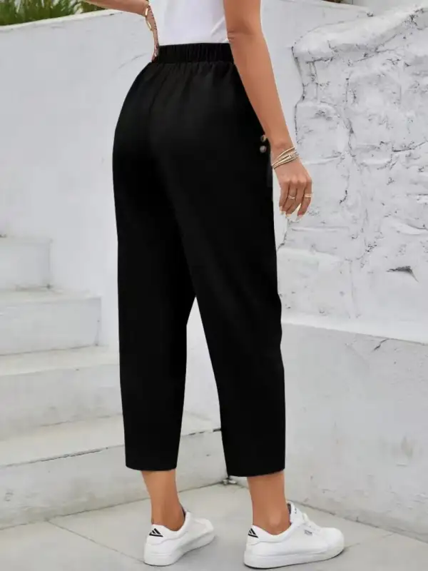 High Waist Elastic Waist Pocketed Casual Pants