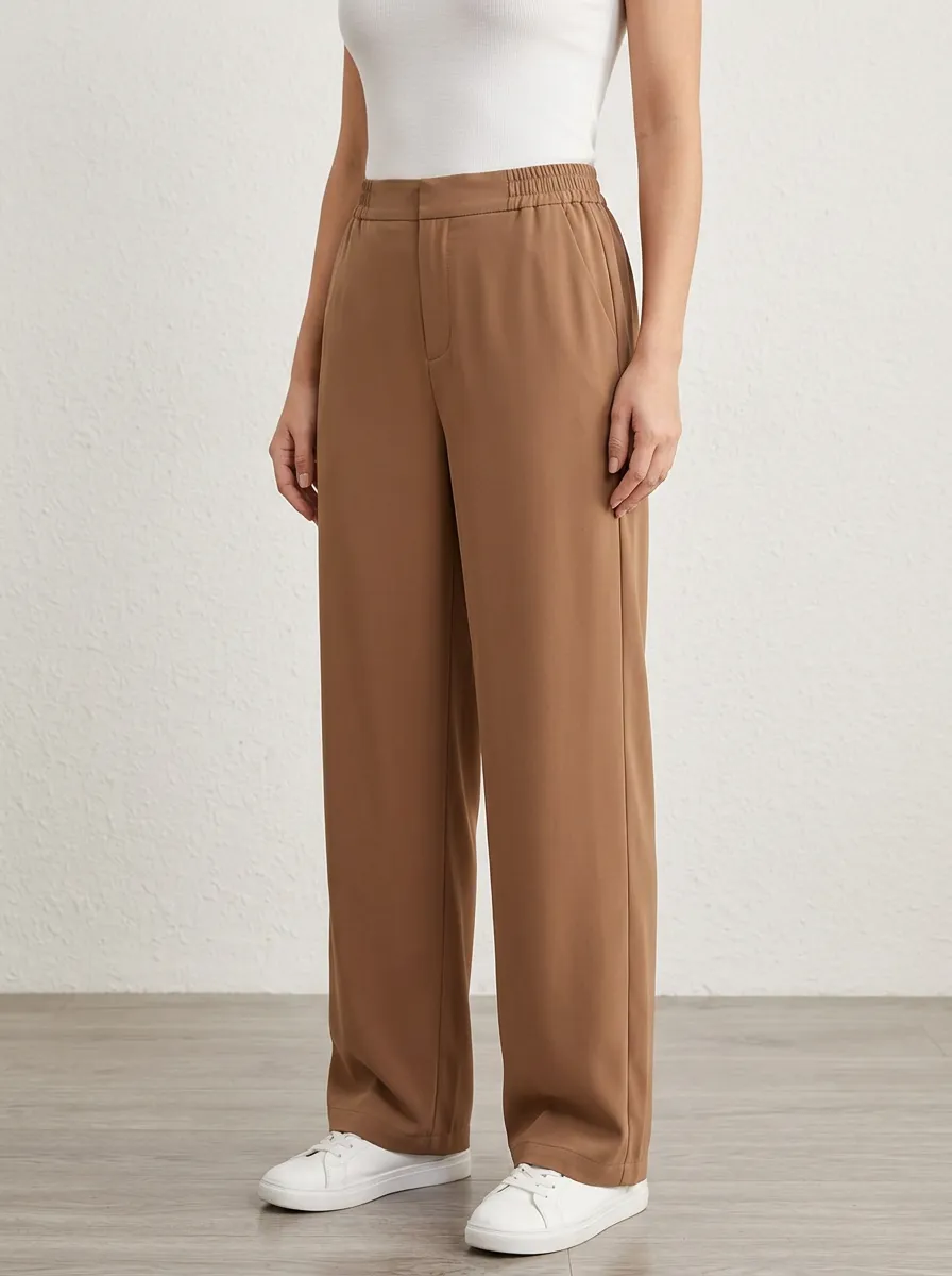 Women's Back-Elastic Faux-Fly Wide-Leg Trousers