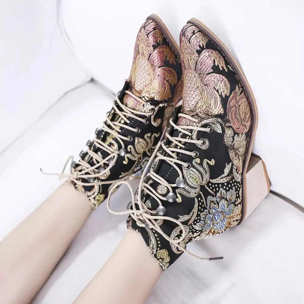 Embroidered Floral Lace Up Ankle Boots