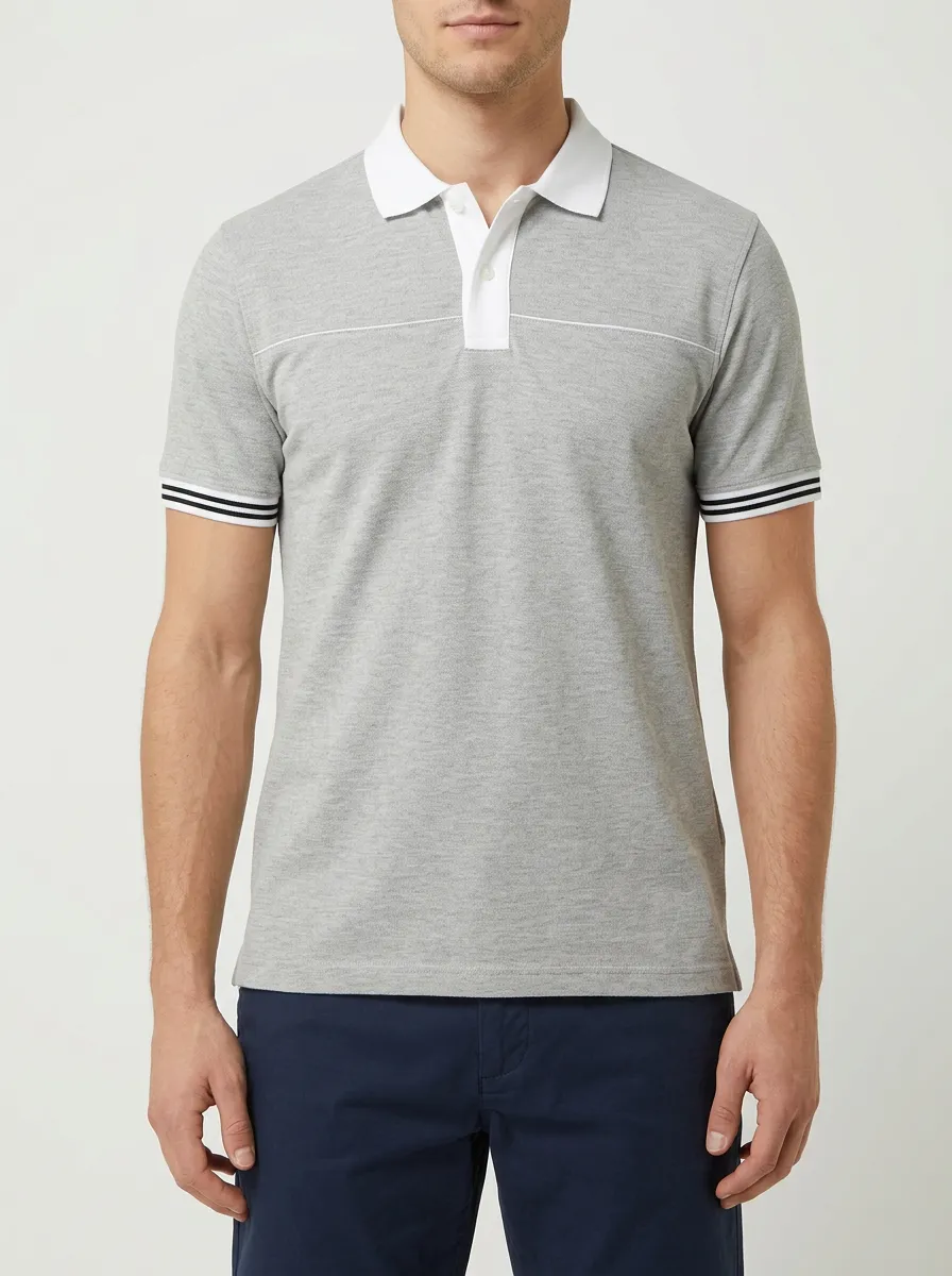 Men's Casual Grey Contrast Collar Striped Sleeve Polo Shirt