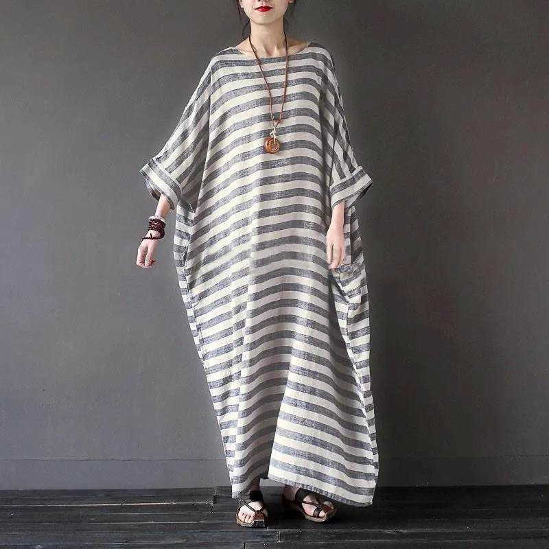 Striped Linen Blend Cotton Blend Maxi Tie Detail Dress