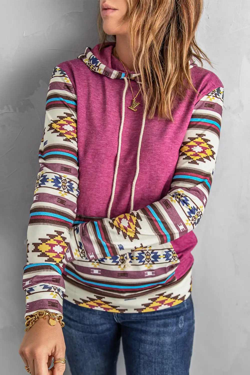 Aztec Print Patchwork Kangaroo Pocket Hoodie