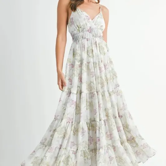 Elegant Floral Print Tiered Cami Maxi Dress