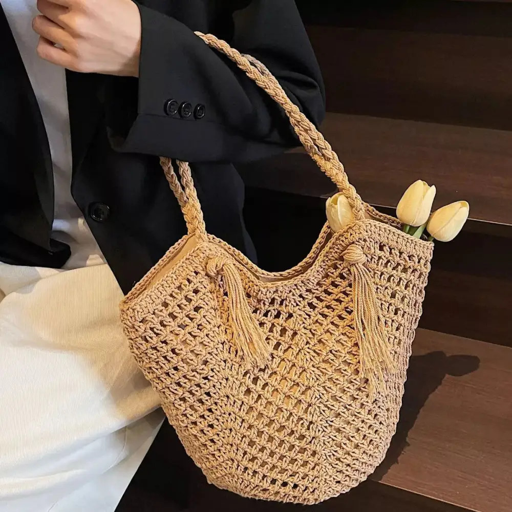 Women's Crochet Shoulder Bag with Tassel Accents