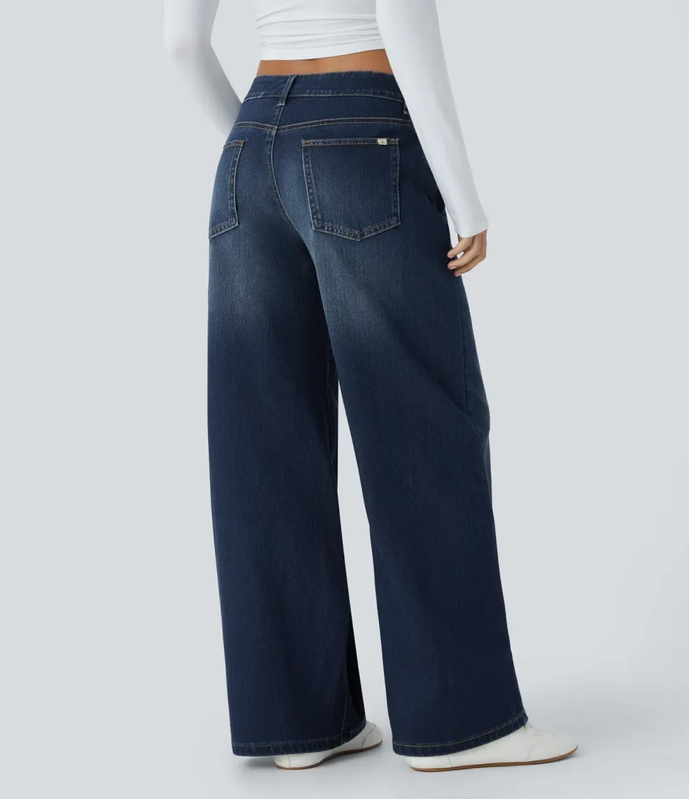 2026🔥  Low-rise wide-leg asymmetric jeans with button, zip, and multiple pockets; stretch knit fabric with a washed finish.