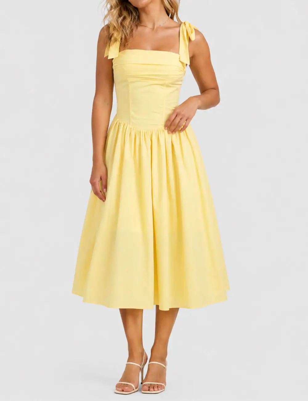 Elegant Square Neck Strap Shoulder Midi Dress