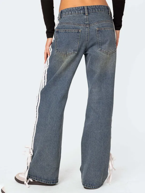 Casual Wide Leg Drawstring Denim Jeans