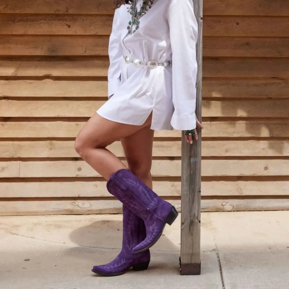 Faux-Suede Embroidered Pointed-Toe Snip-Toe Mid-Calf Boots