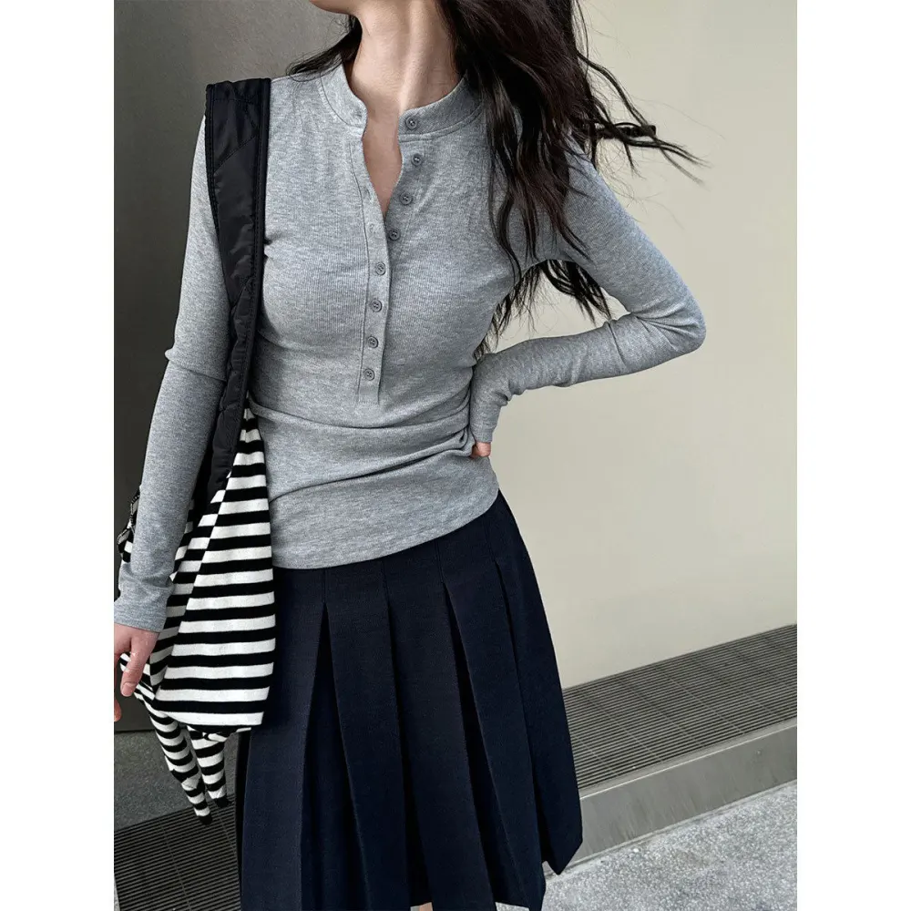 Minimal Slim Fit Single Button Long Sleeve T-Shirt