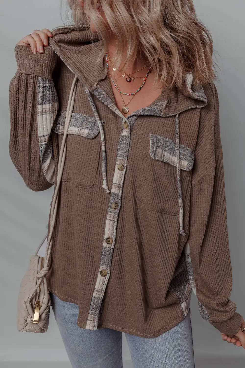 Women's Plaid Patchwork Button Down Drawstring Hooded Shacket