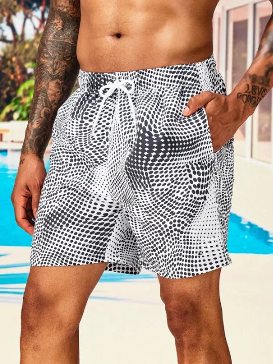 Men's Drawstring Allover Print Pocket Beach Shorts