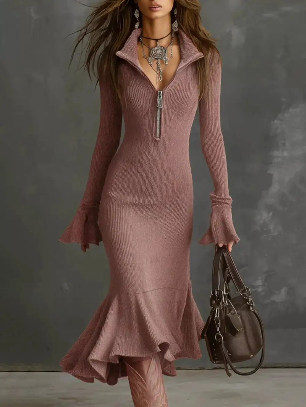 Ribbed Knit Zip Front Midi Dress