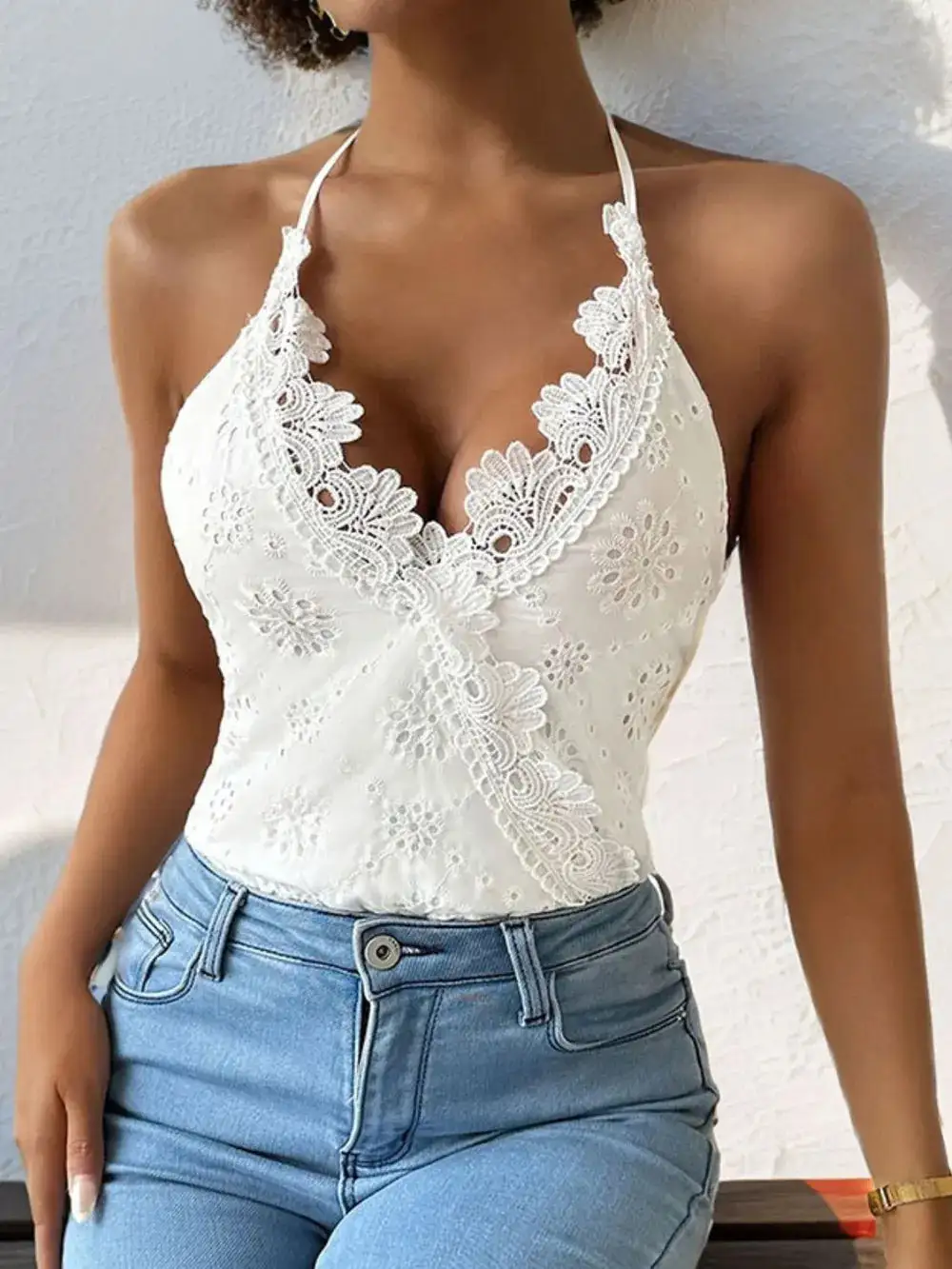 Polyester-Blend Lace Textured Halter-Neck Halter Bodysuit