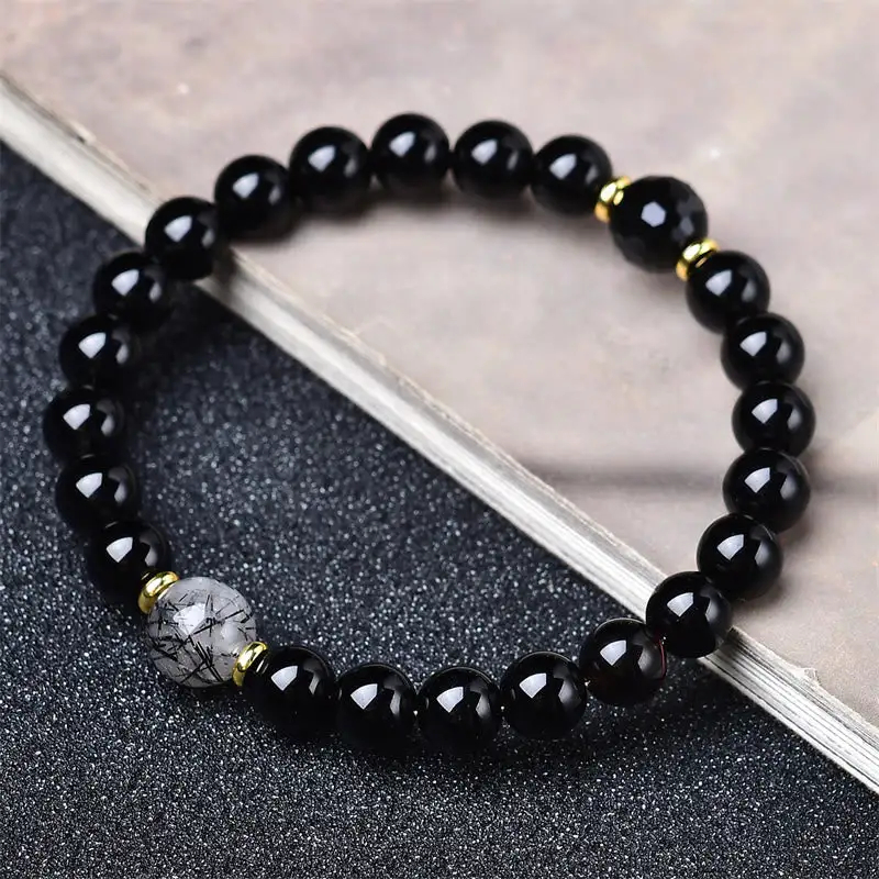 Natural Obsidian Rutilated Quartz Bracelet