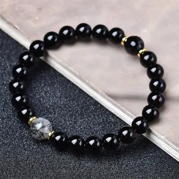Natural Obsidian Rutilated Quartz Bracelet