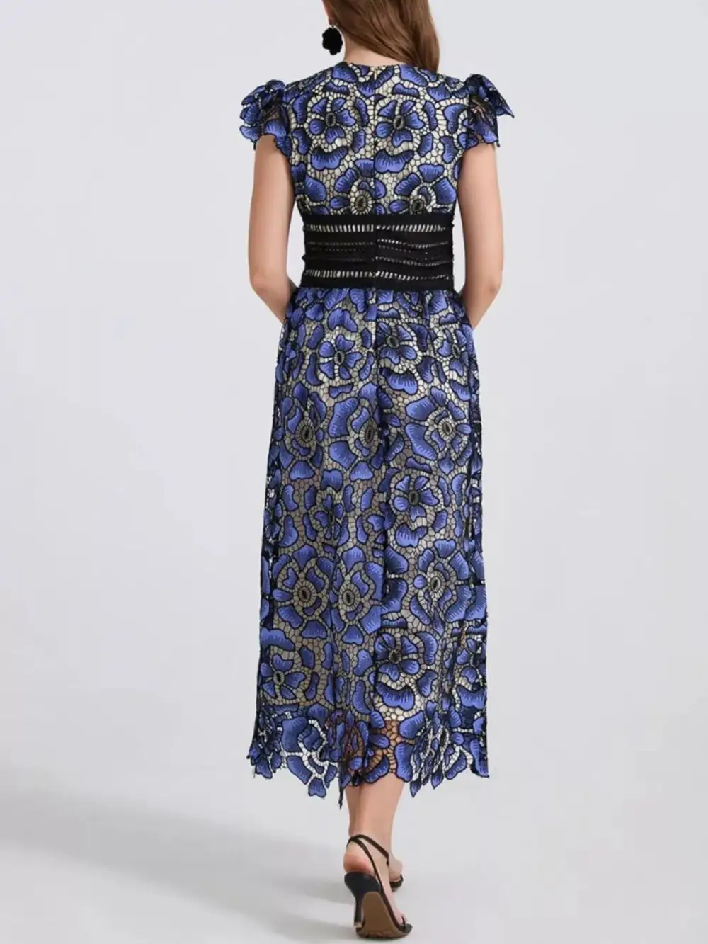 Printed V Neck Ruffle Midi Dress