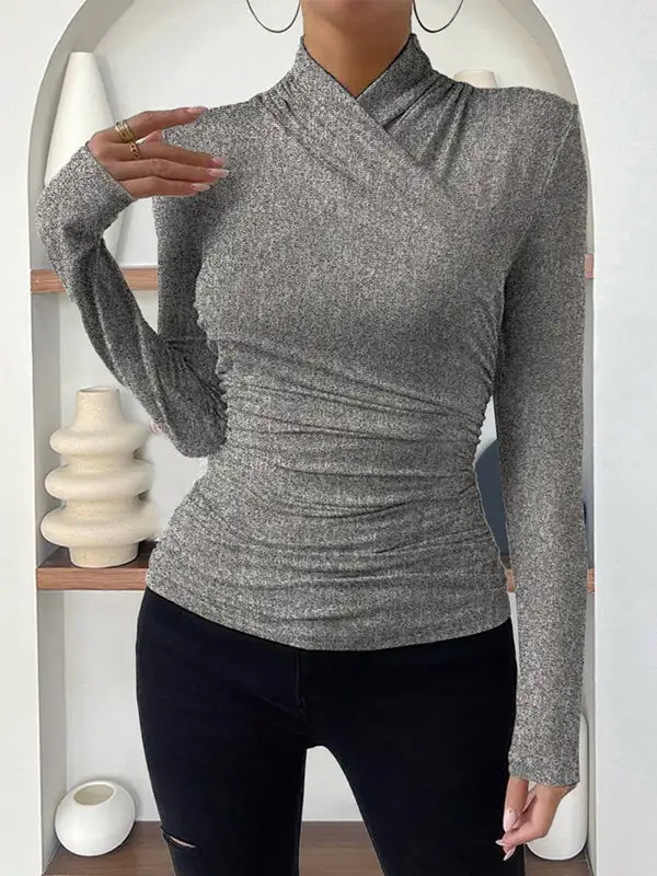 Long Sleeve Slim Fit Pleat Detail Mock Neck T-Shirt