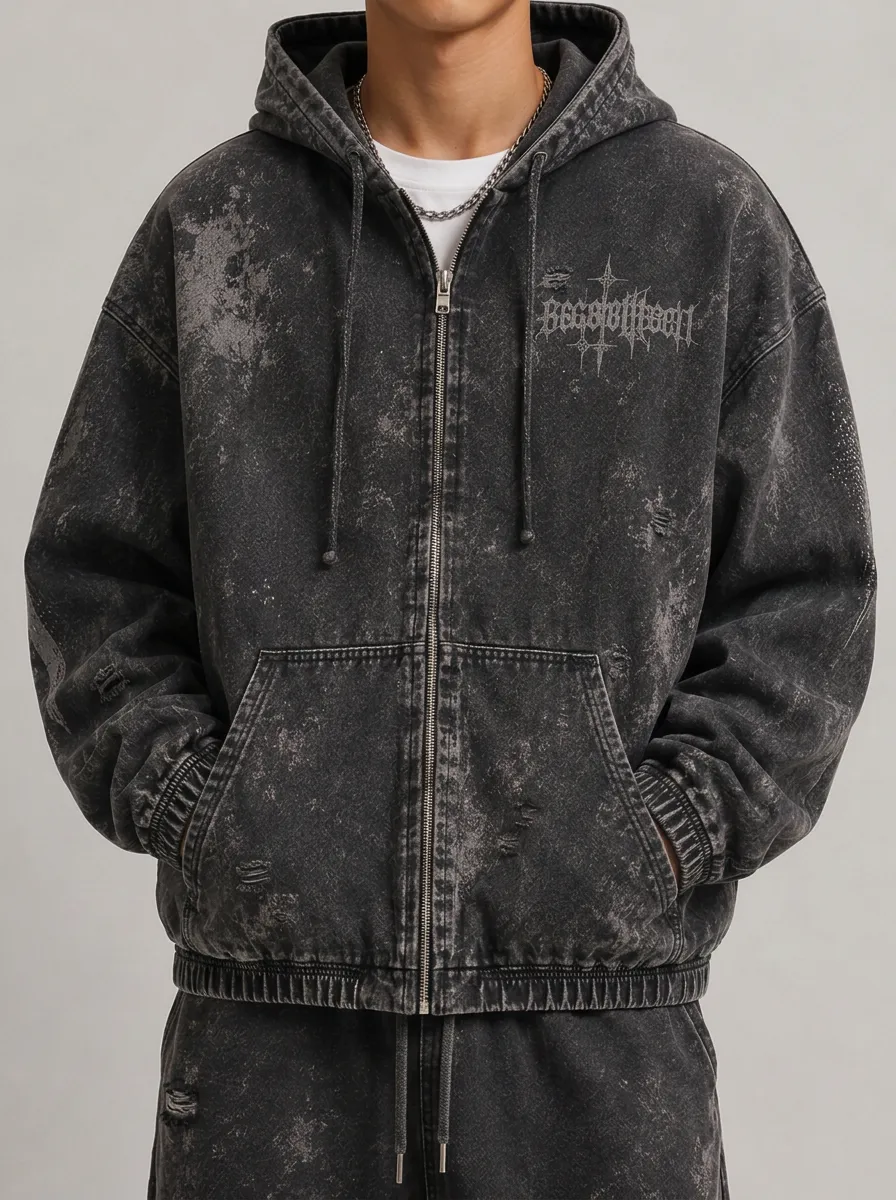 Men's Washed Distressed Zip-Up Hoodie