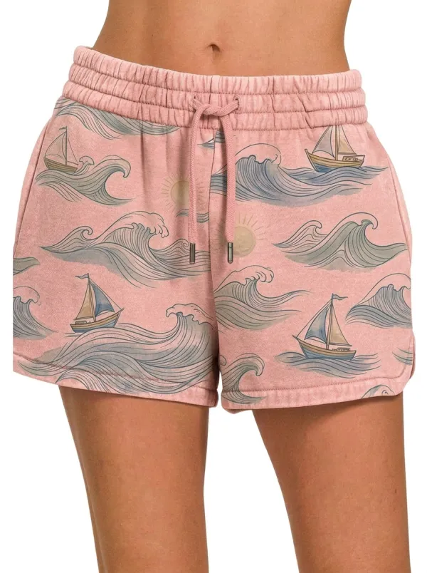 Women's Nautical Ocean Sailor Boat Sun Printed Shorts