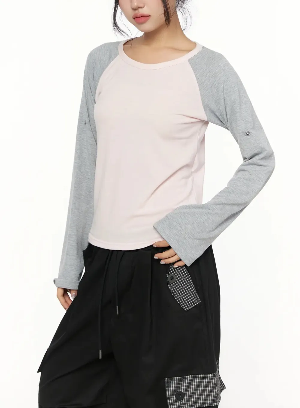 Raglan Two-Tone Roll-Up Sleeve Top