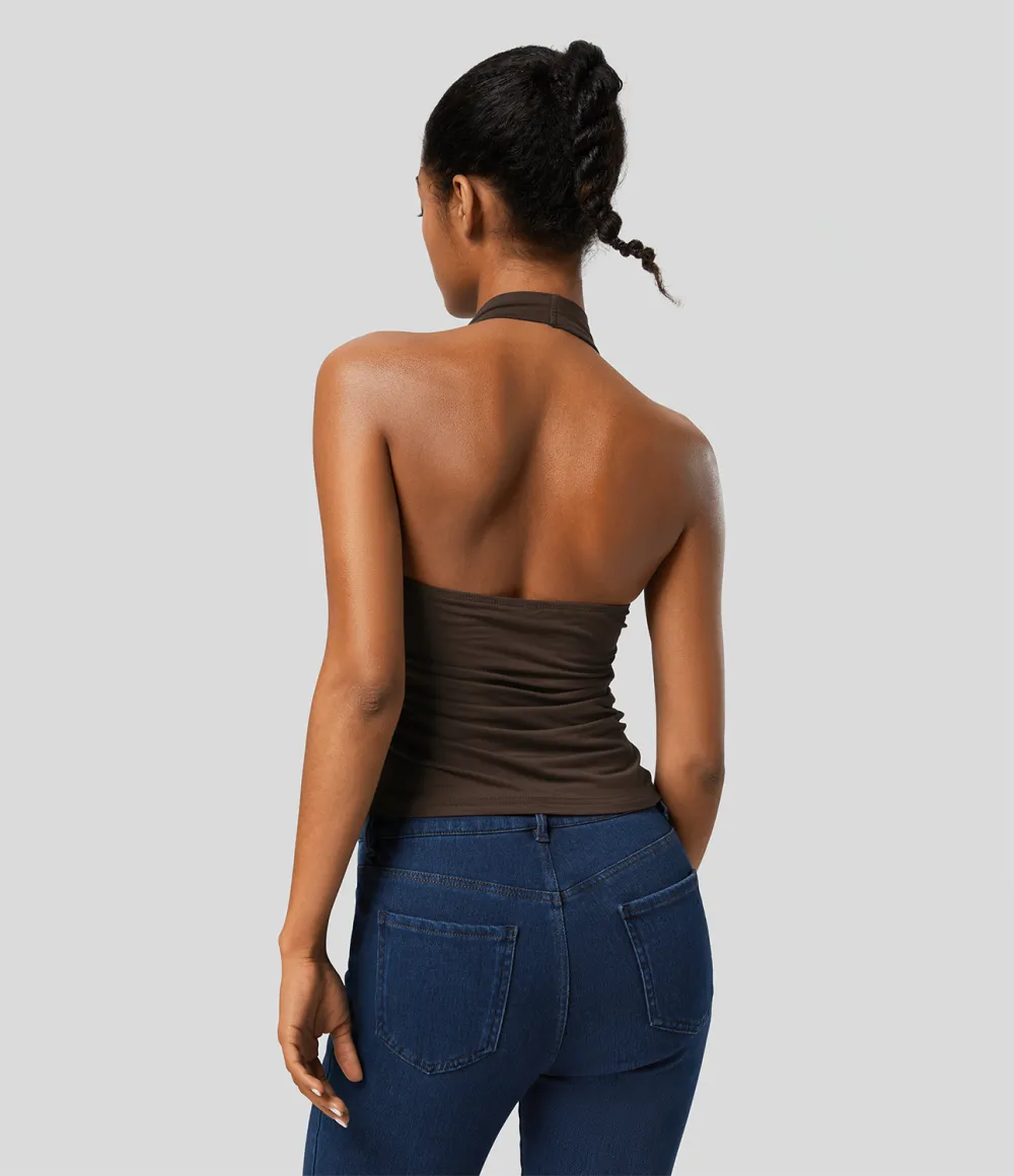 Halter Cowl Neck Backless Ruched Casual Tank Top
