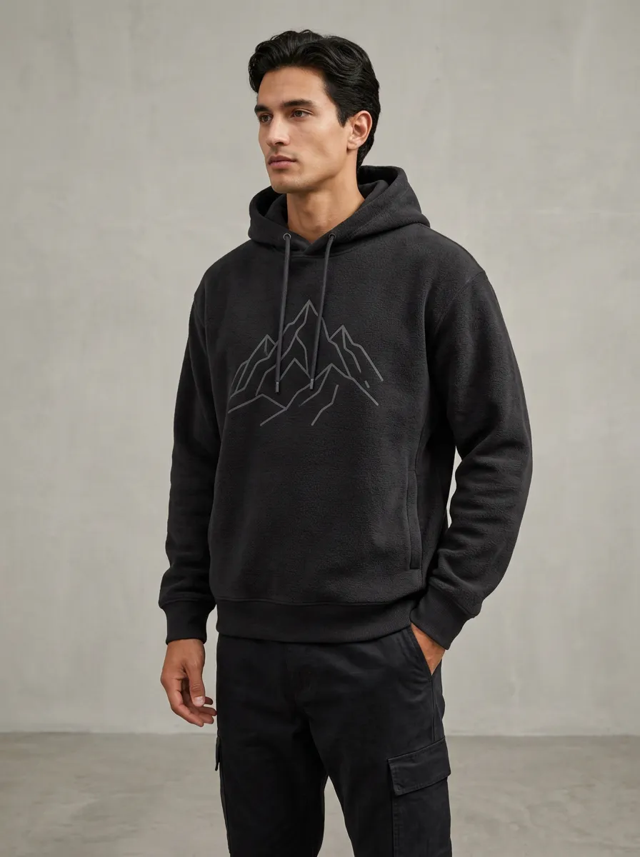 Men's Mountain Line Art Graphic Pullover Ribbed-Cuff Side-Pocket Fleece Hoodie