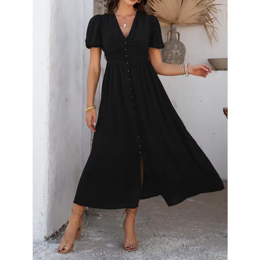 V-Neck Puff Short Sleeve Midi Dress