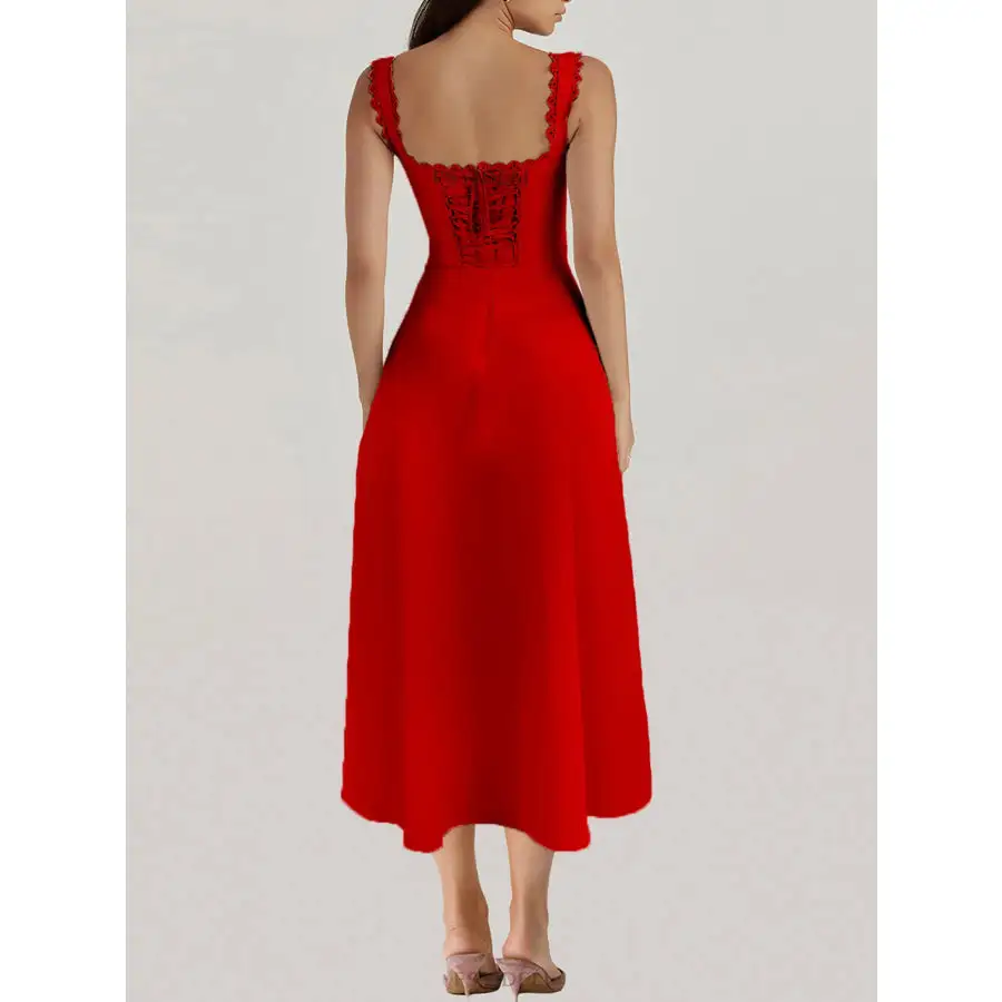 Scalloped V-Neck Midi Dress with Back Lace-Up