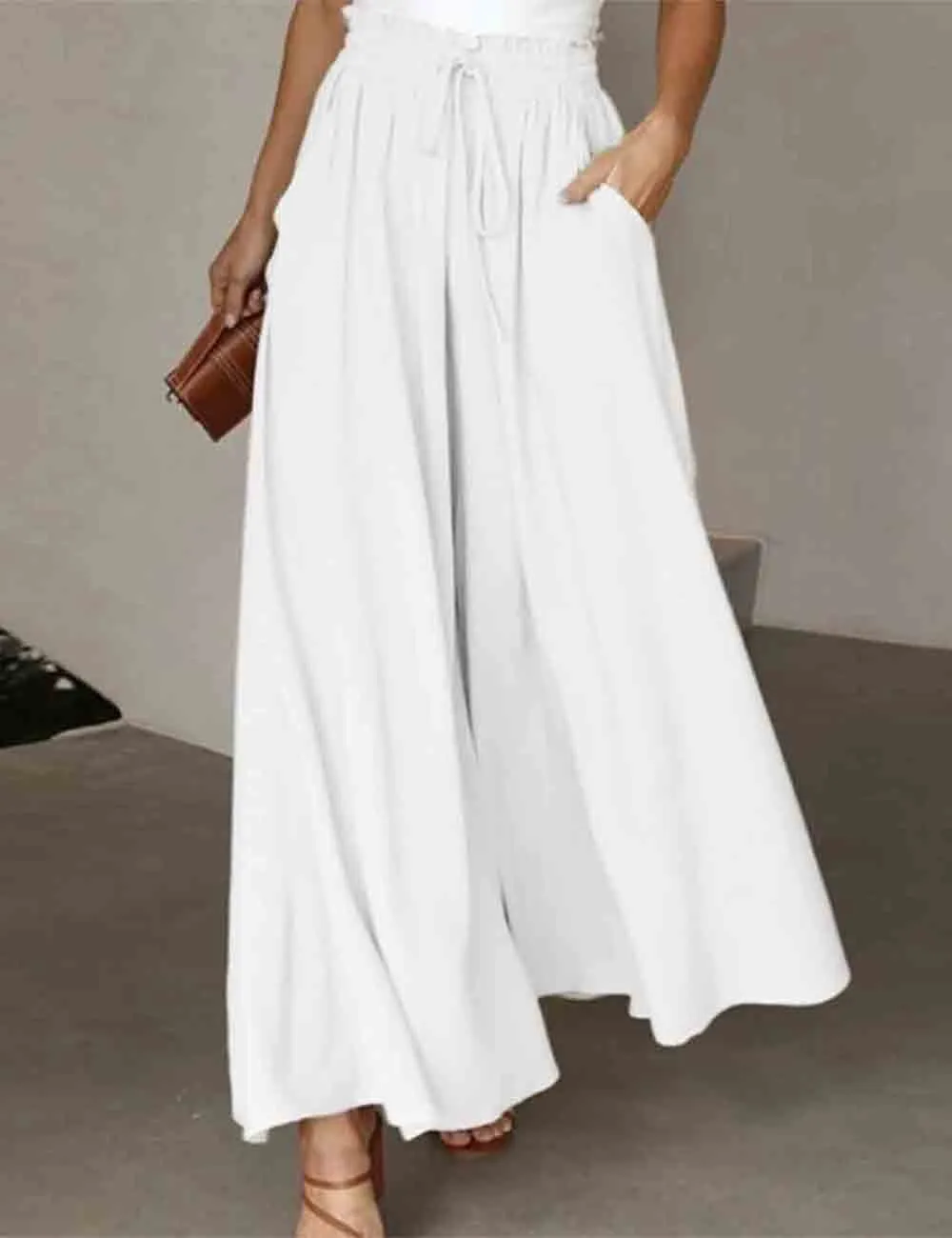 Elastic Waist Tie Wide Leg Pants