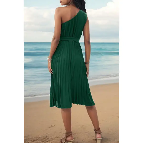Pleated Single Shoulder Tie Waist Midi Dress