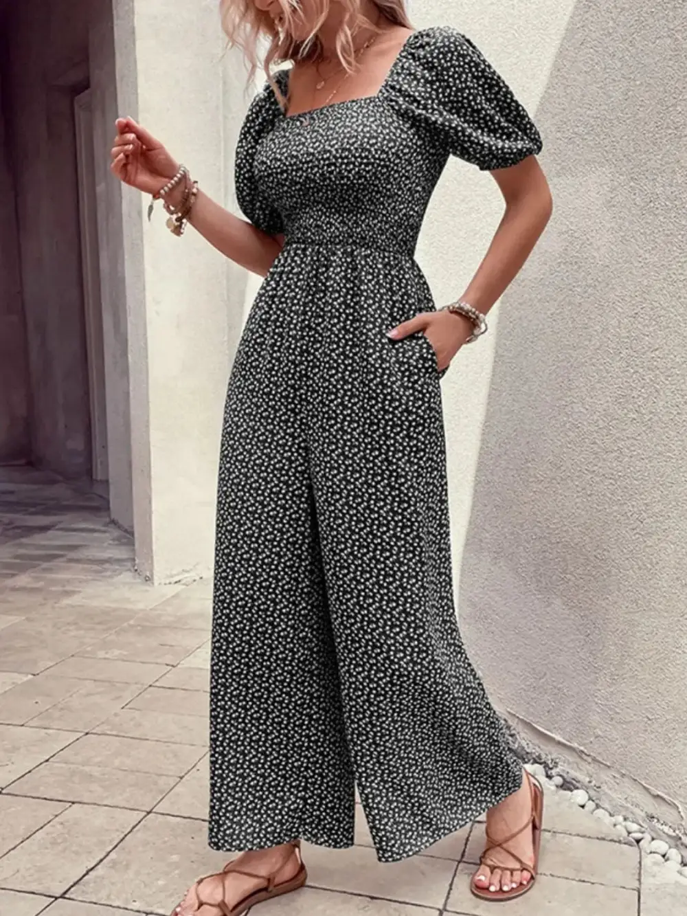 Printed Square Neck Puff Sleeve Everyday Jumpsuit