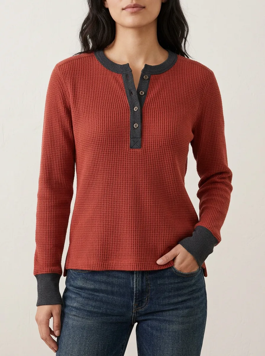 Textured Casual Casual Rust Waffle Knit Button Henley Top