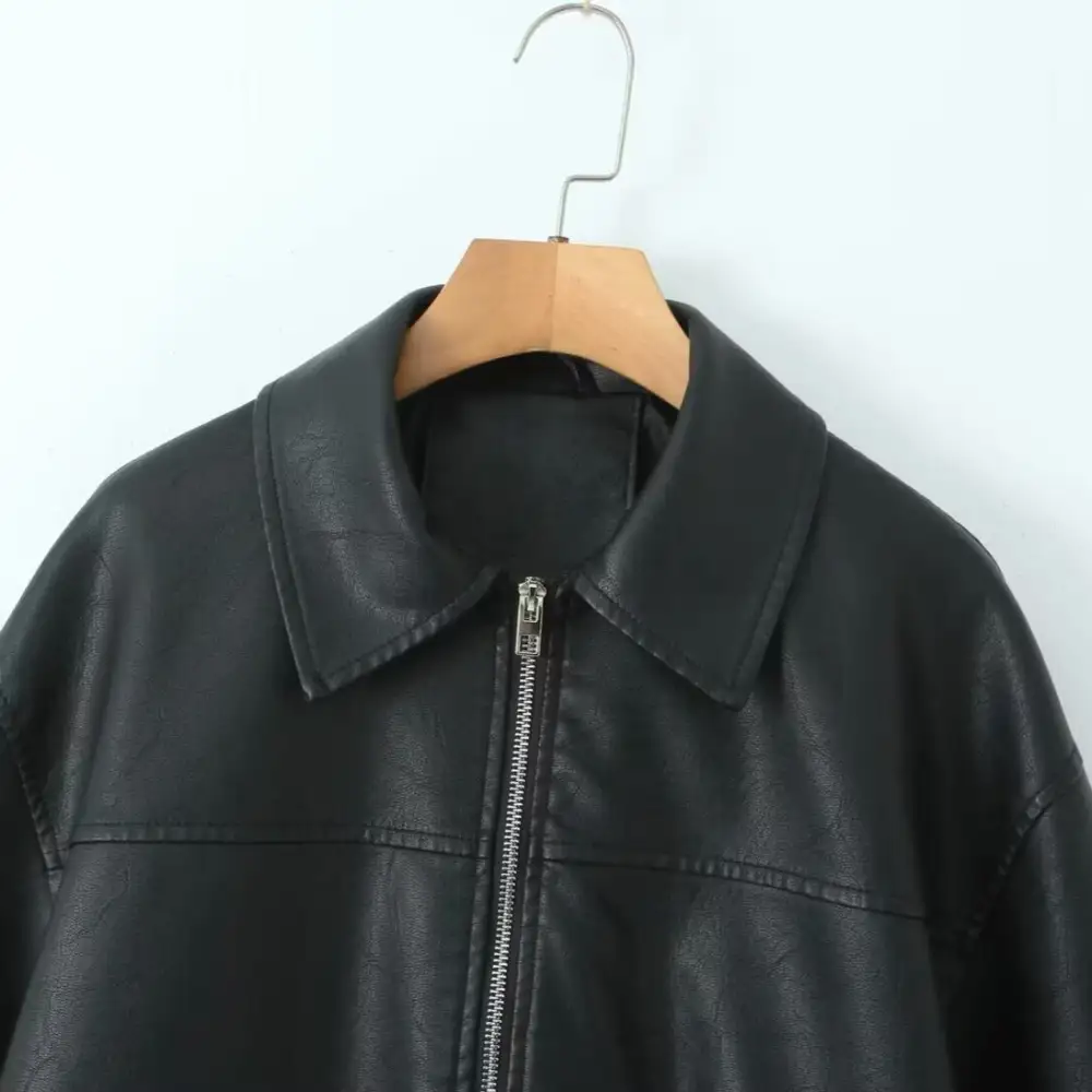 Oversized Faux Leather Shirt Collar Patch Pocket Bomber Jacket