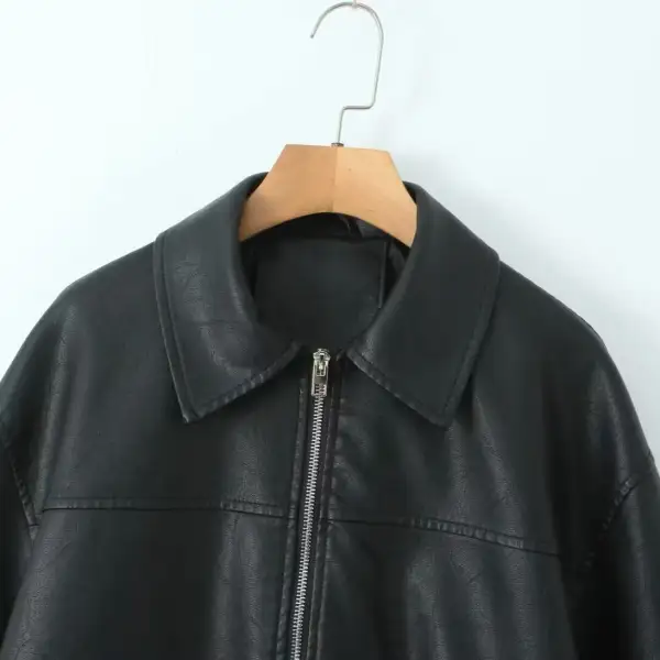 Oversized Faux Leather Shirt Collar Patch Pocket Bomber Jacket