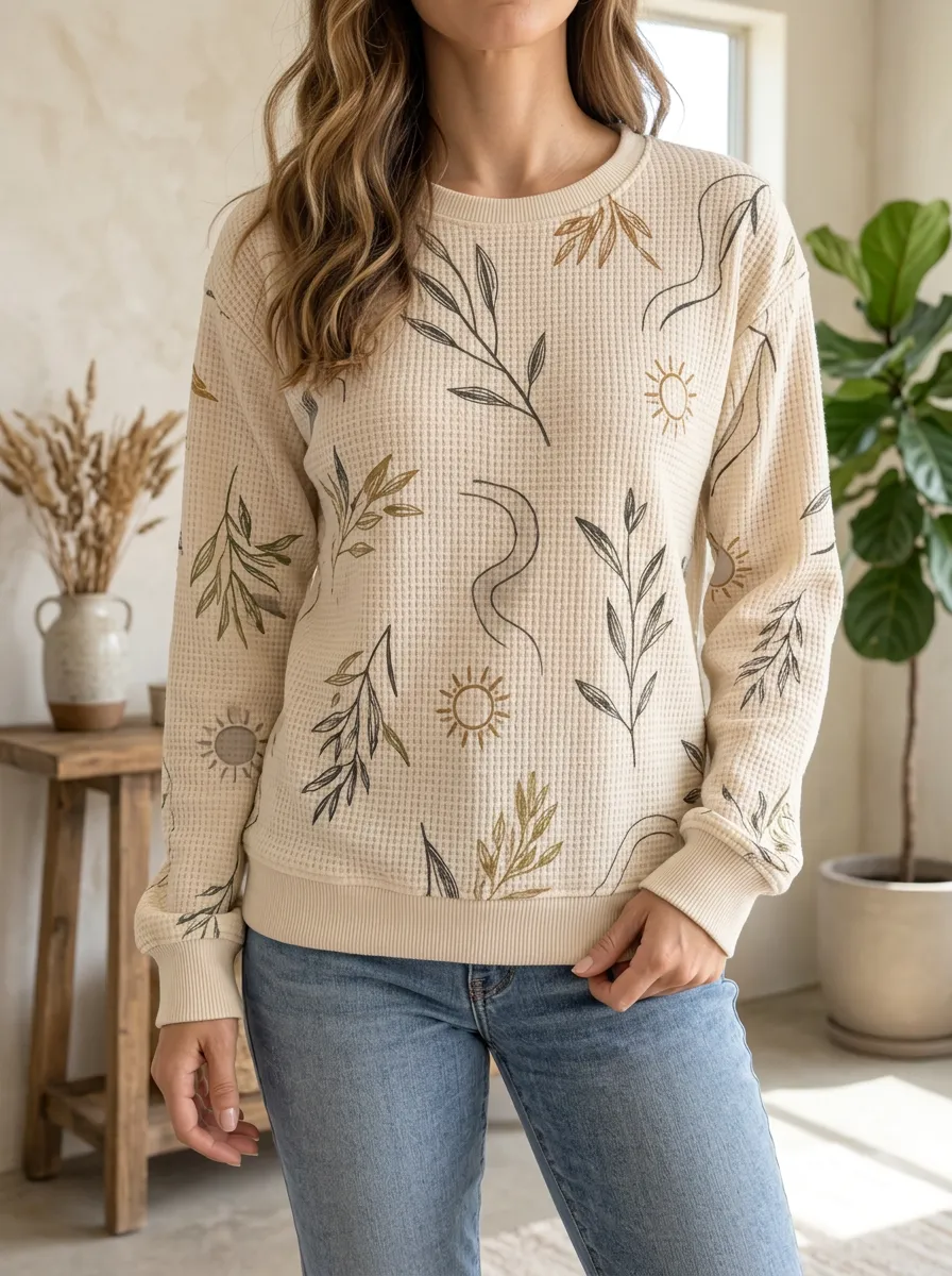 Women's Boho Sun Leaf Botanical Waffle Knit Crewneck Sweatshirt