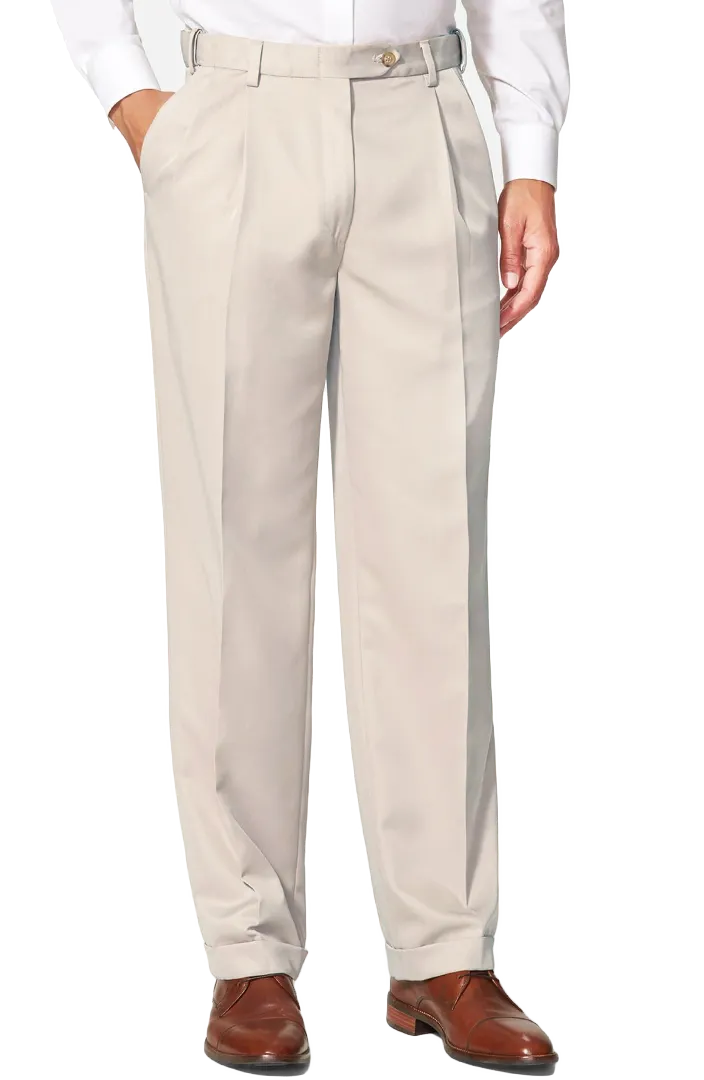 Poplin Pleated Front Regular Rise Long Rise Adjustable Waist Trousers