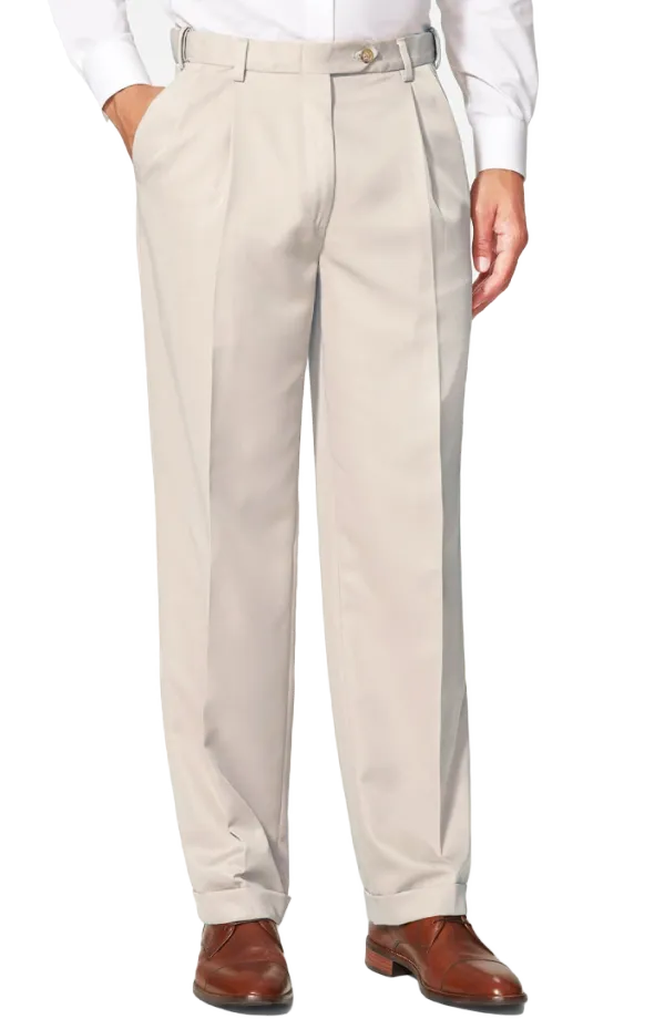 Poplin Pleated Front Regular Rise Long Rise Adjustable Waist Trousers