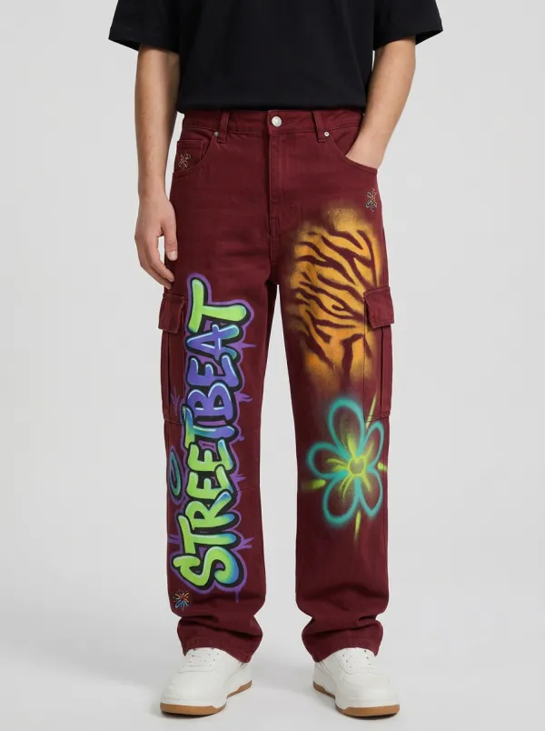 Men's Graffiti Tiger Floral Graphic Cargo Jeans
