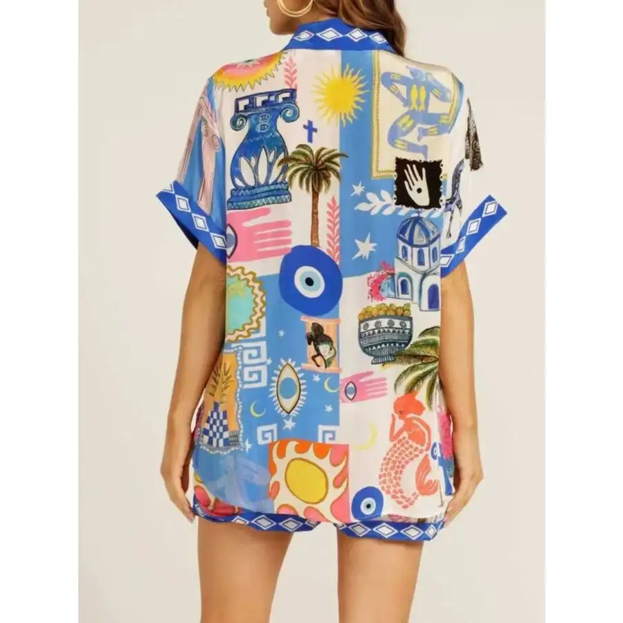 Lightweight Printed Button Up Shirt and Shorts Set