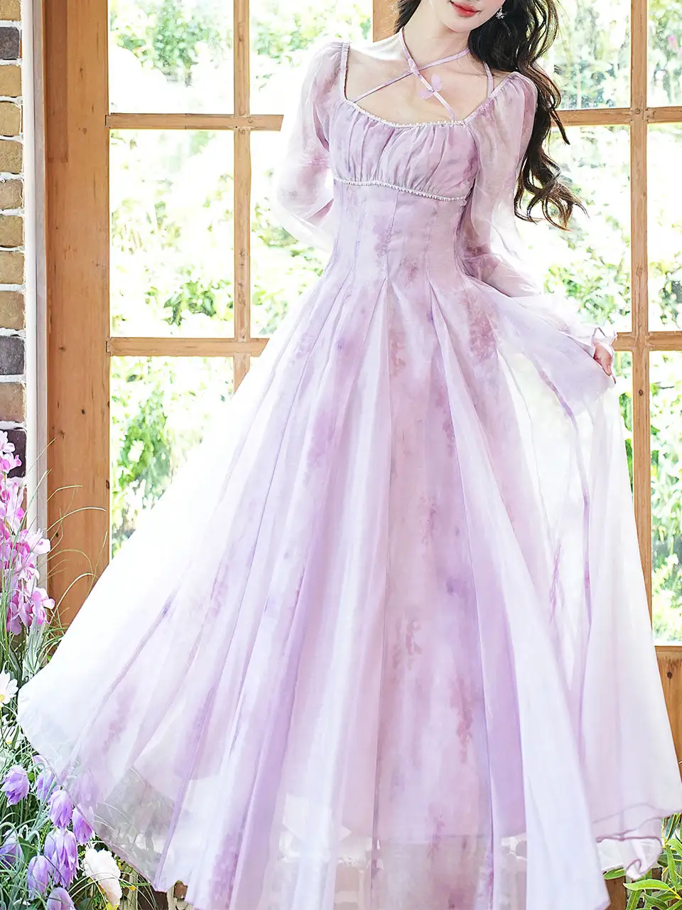 Butterfly Square Neck Long Dress