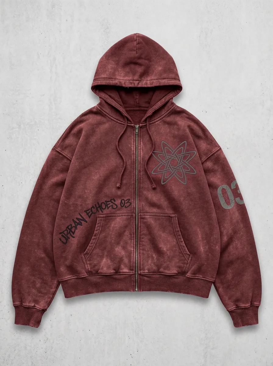Unisex Streetwear Urban Echoes 03 Star Graphic Printed Zip-up Hoodie