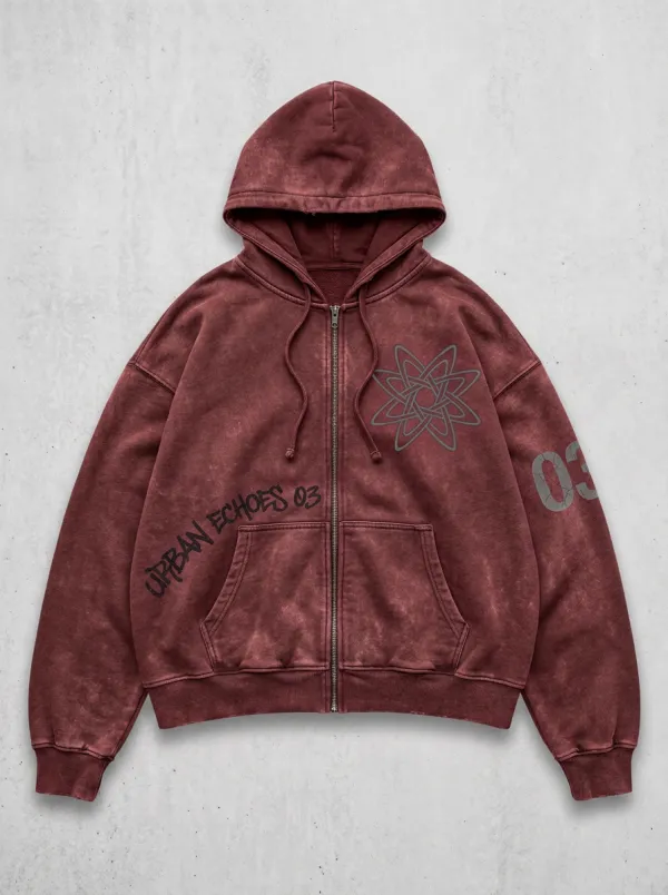 Unisex Streetwear Urban Echoes 03 Star Graphic Printed Zip-up Hoodie