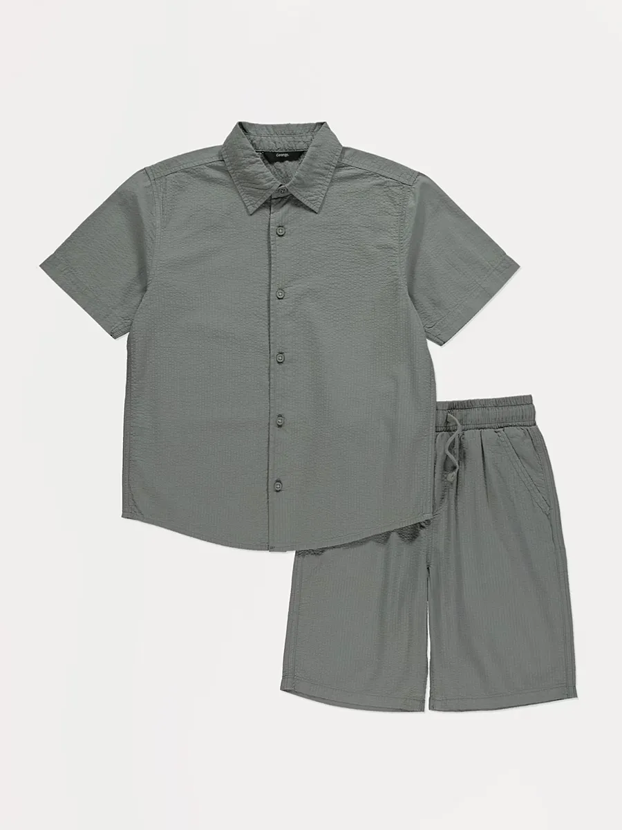 Khaki Textured Woven Shirt and Shorts Set