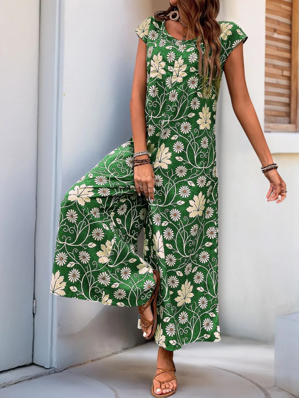 Round Neck Cap Sleeve Wide Leg Jumpsuit