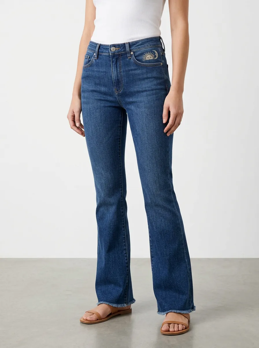Women's Celestial Sun-Moon Embroidered Frayed-Hem High-Rise Flare Jeans
