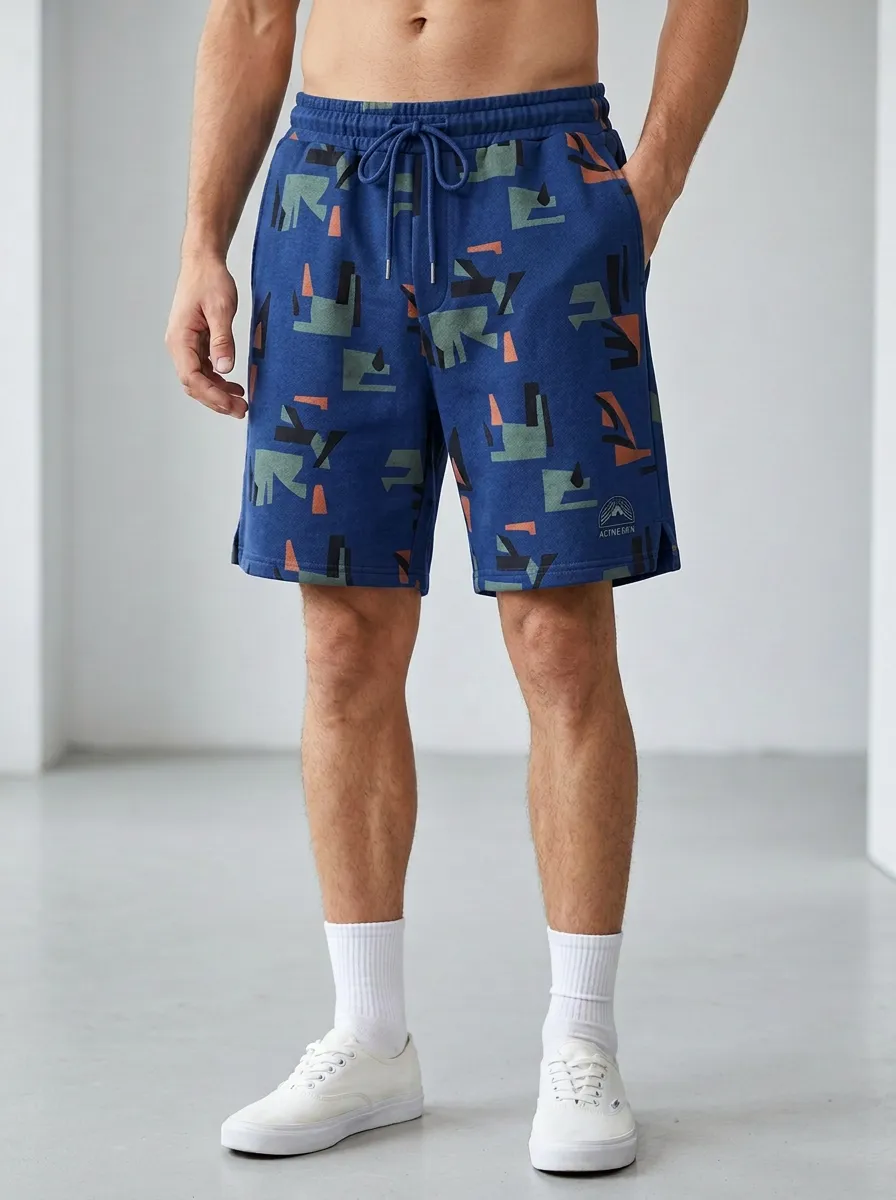 Men's Geometric Abstract Drawstring Elastic-Waist Printed Sweat Shorts
